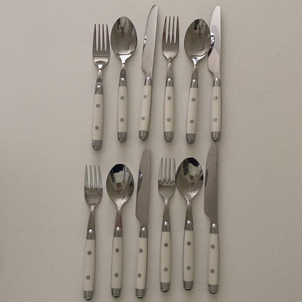 White Plastic Handle Stainless Steel Flatware, Service for 4